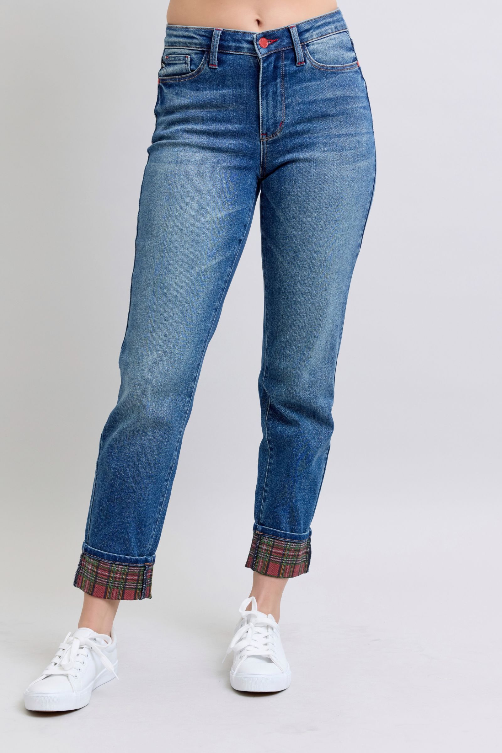 Judy Blue Trace Plaid Print Cuff Straight Leg Jeans with Pockets