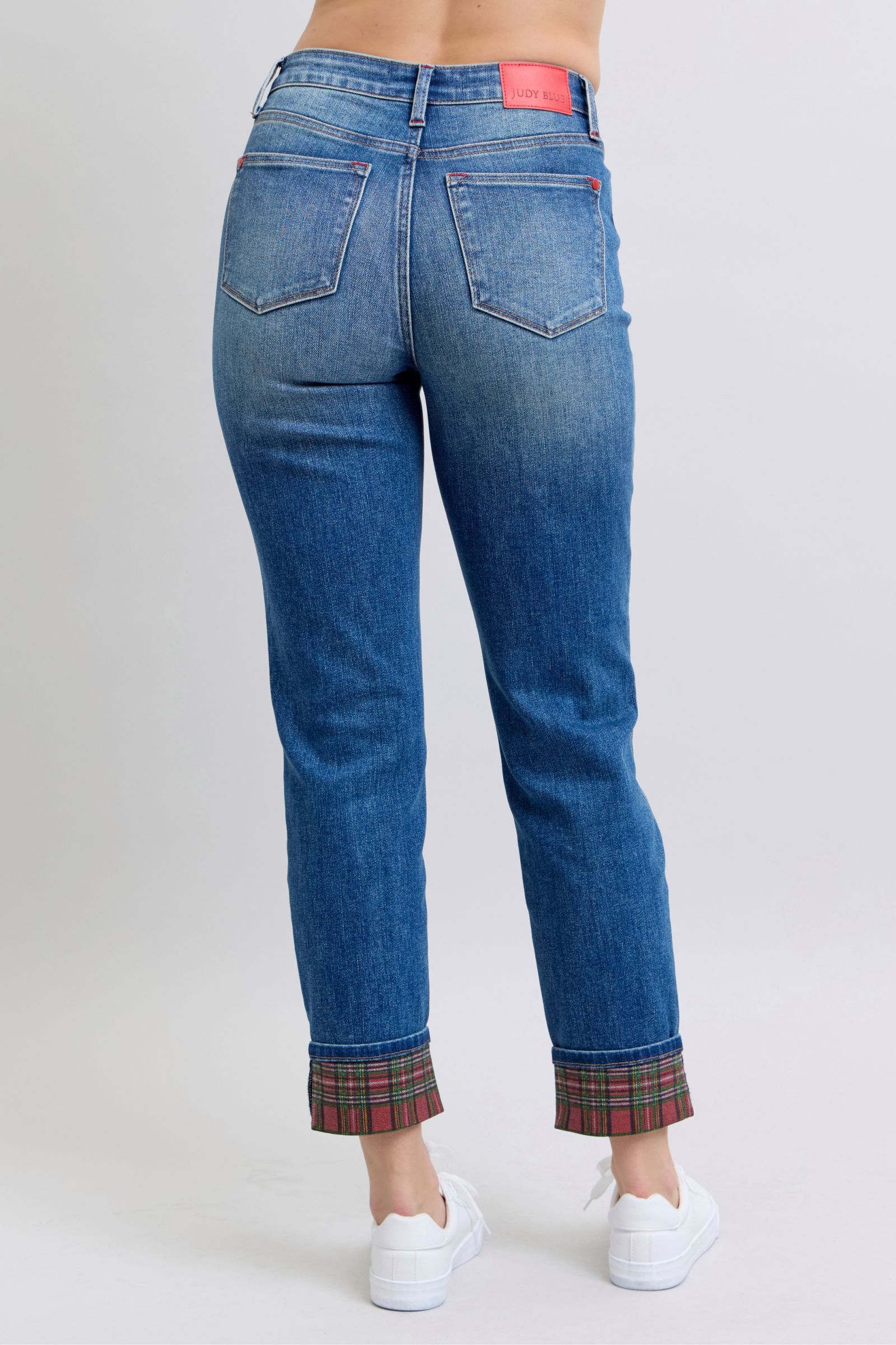 Judy Blue Trace Plaid Print Cuff Straight Leg Jeans with Pockets