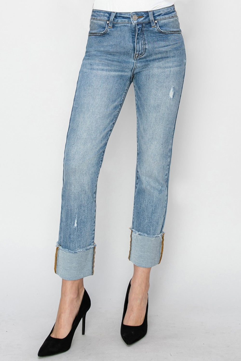 RISEN High Rise Cuffed Slim Straight Jeans - Petite Length