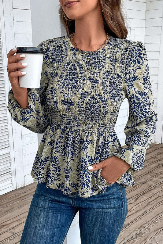 Ethnic Print Balloon Sleeve Smocked Peplum Blouse