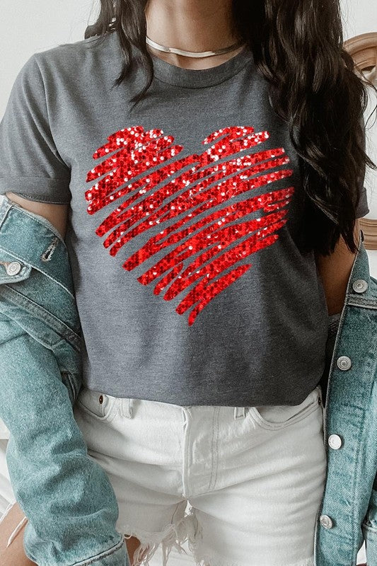 Faux Sequins Scribble Heart Graphic Tee