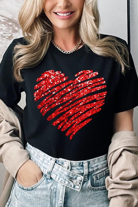 Faux Sequins Scribble Heart Graphic Tee