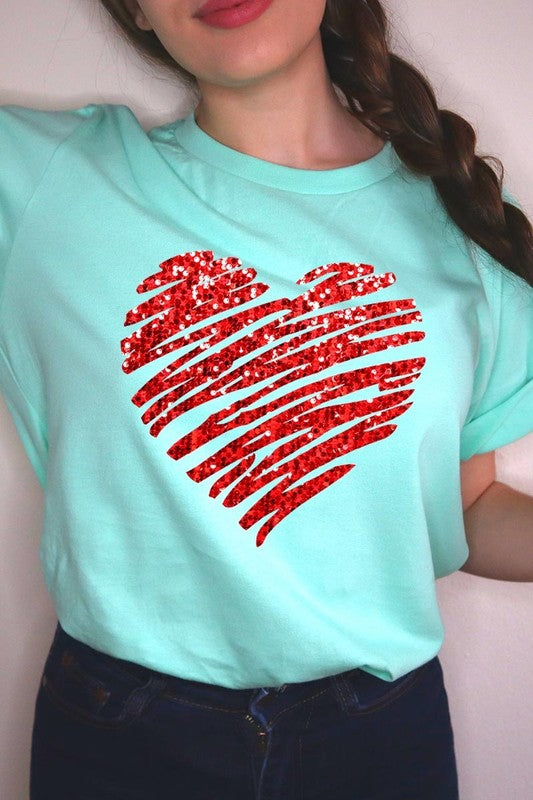 Faux Sequins Scribble Heart Graphic Tee