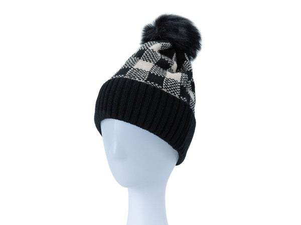 Buffalo Plaid Checkered Pom Pom Beanie