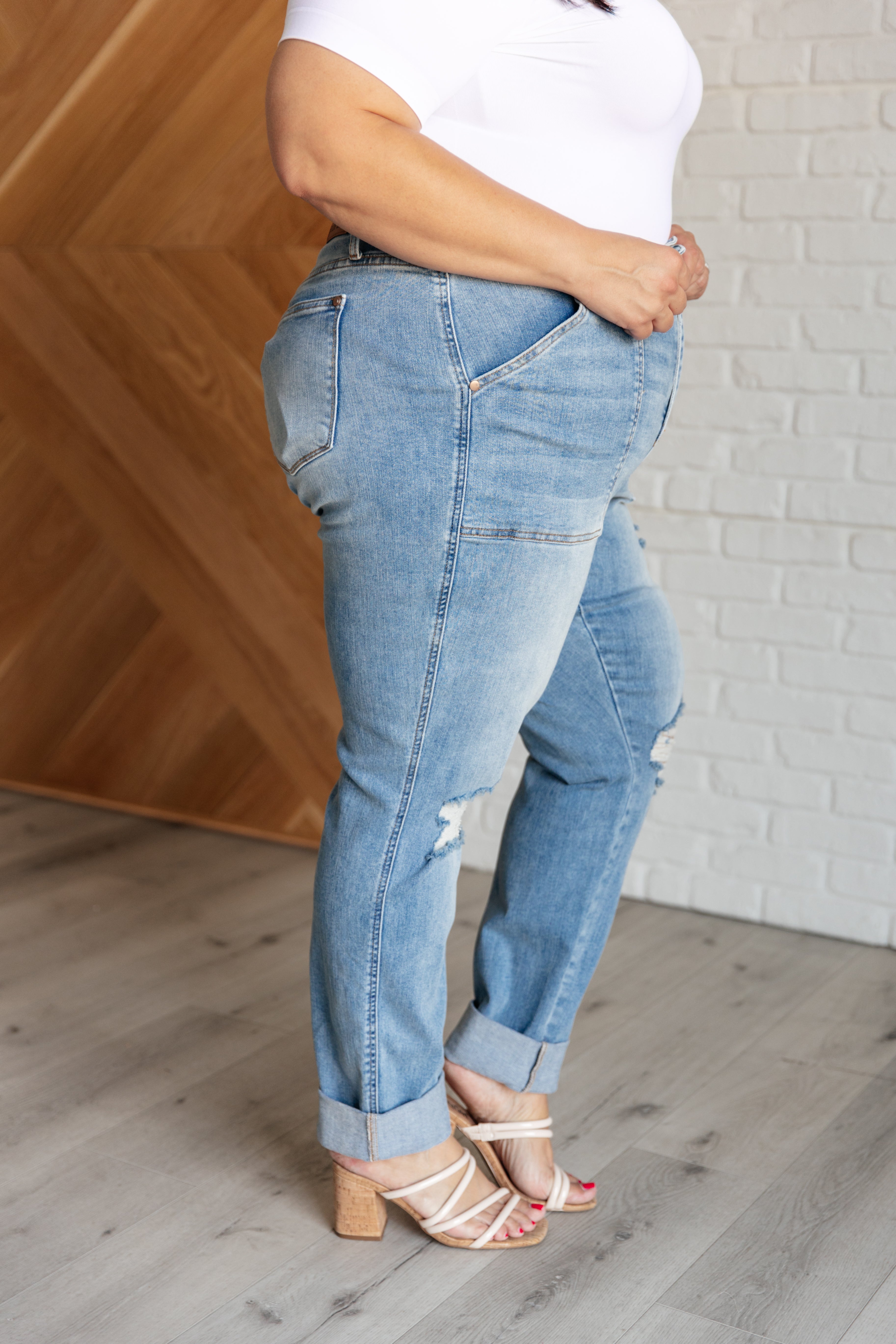 Judy Blue Aiden High Rise Patch Pocket Distressed Boyfriend Jeans