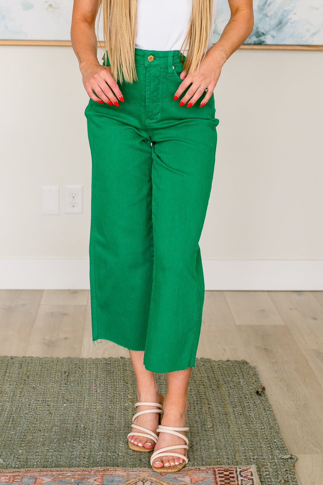 Judy Blue Lisa High Rise Control Top Wide Leg Crop Jeans in Kelly Green - Petite Length