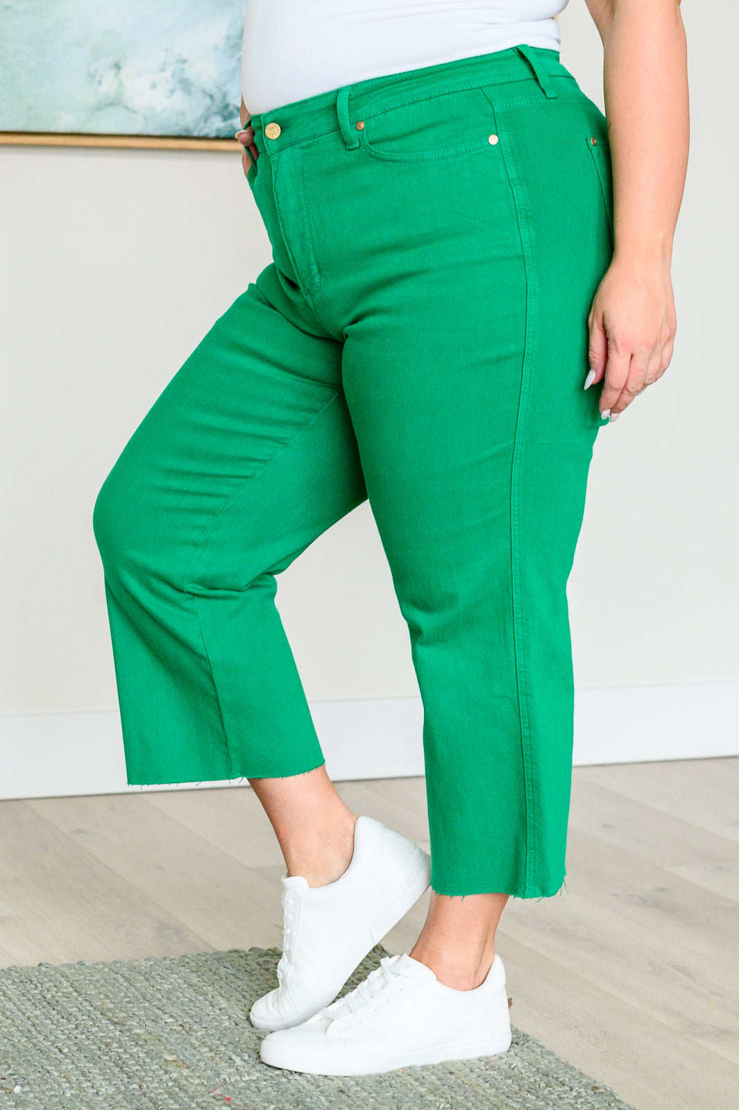 Judy Blue Lisa High Rise Control Top Wide Leg Crop Jeans in Kelly Green - Petite Length