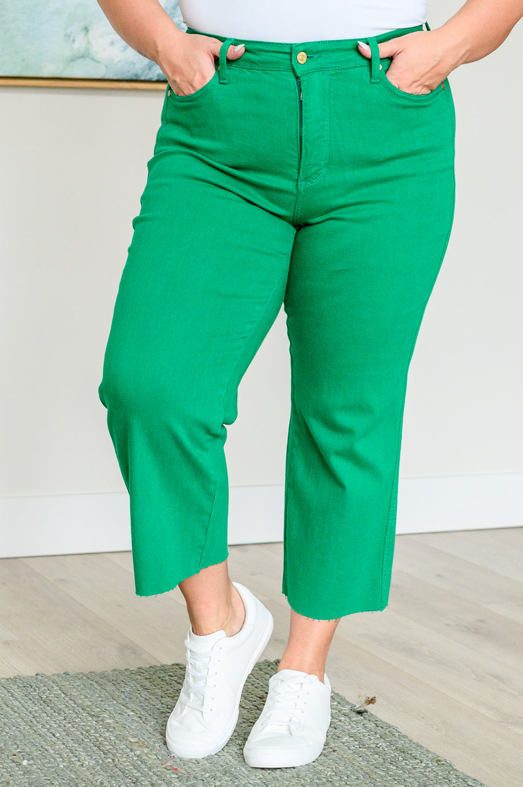 Lisa High Rise Control Top Wide Leg Crop Jeans in Kelly Green - Petite Length