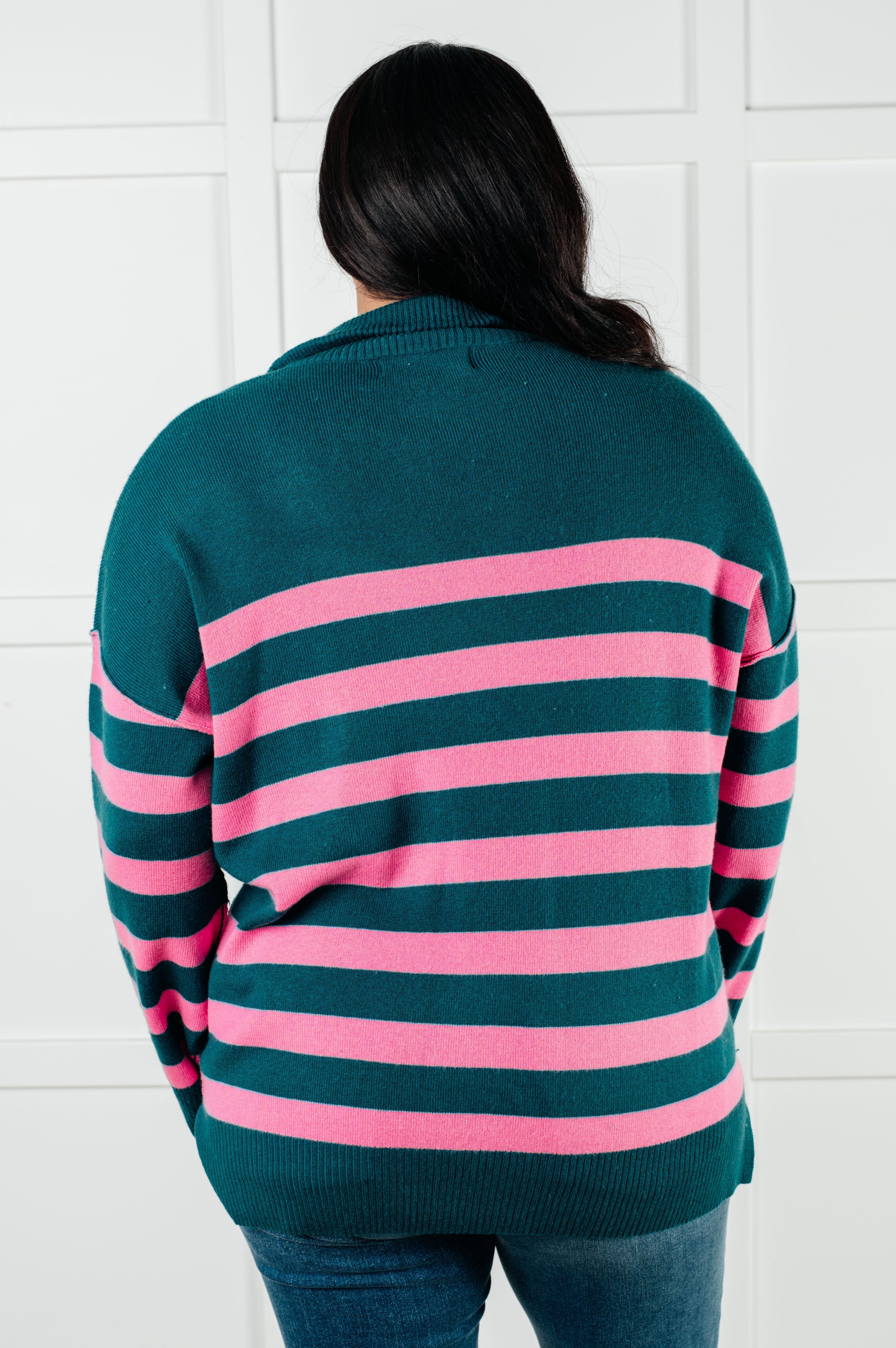 Well Situated Striped Quarter Zip Sweater in Green and Pink