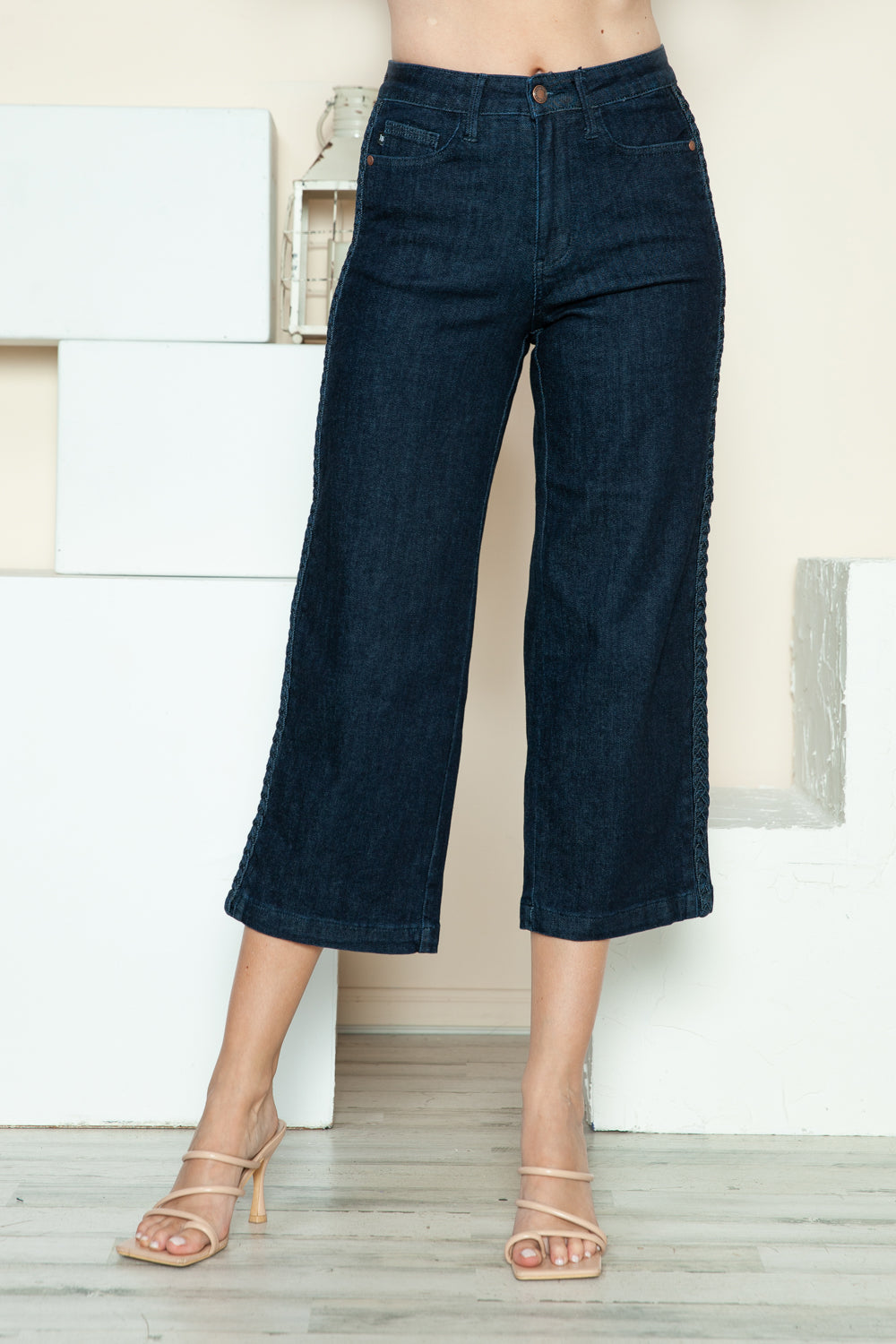 Judy Blue Terri Side Seam Braid Detail Crop Wide Leg Jeans