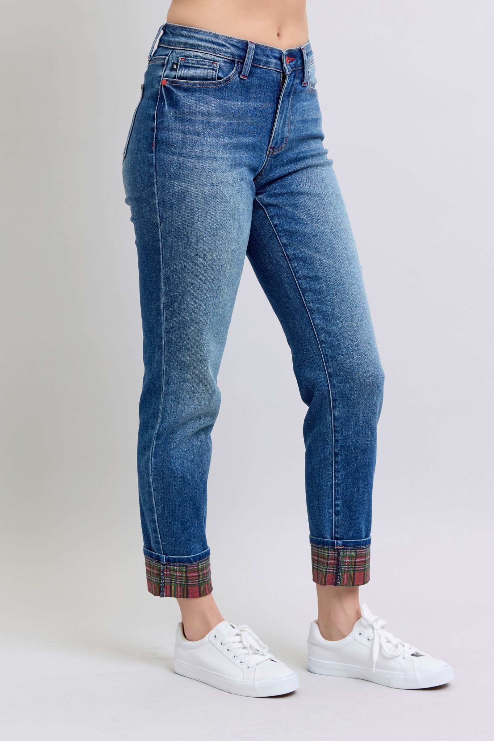 Judy Blue Trace Plaid Print Cuff Straight Leg Jeans with Pockets