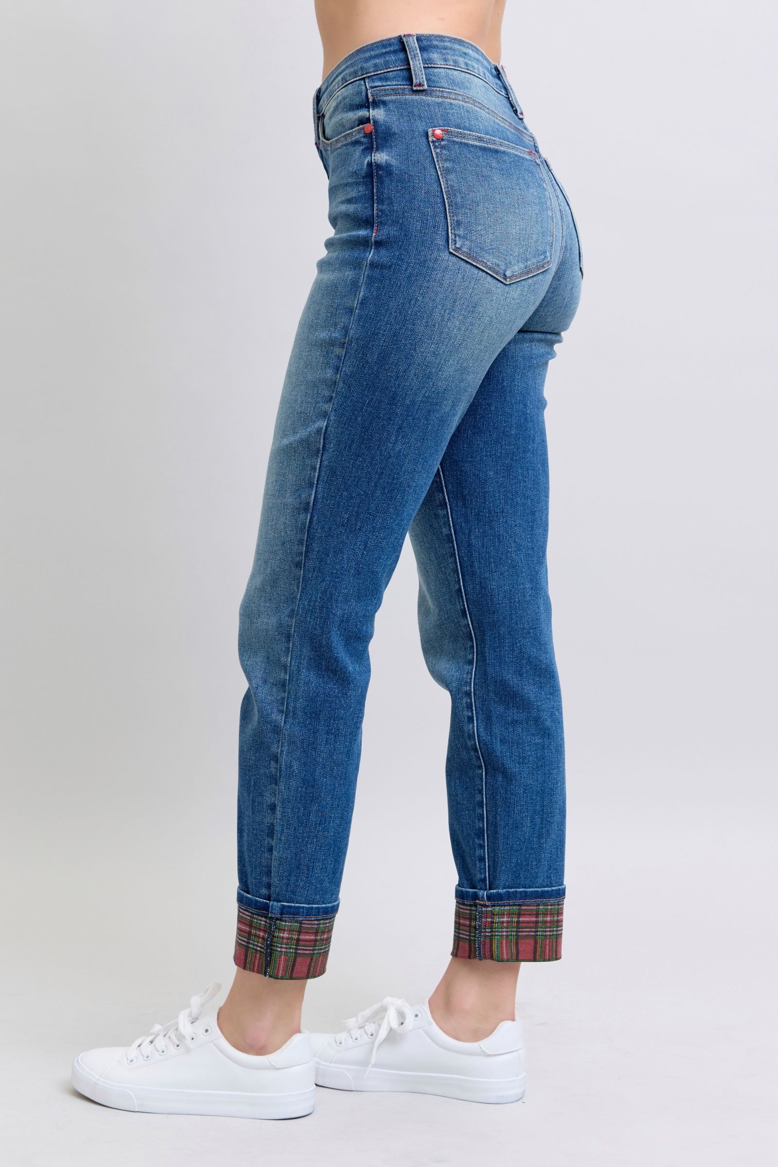 Judy Blue Trace Plaid Print Cuff Straight Leg Jeans with Pockets