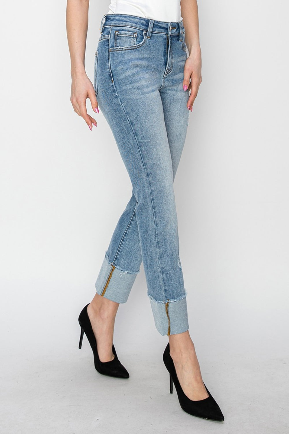 RISEN High Rise Cuffed Slim Straight Jeans - Petite Length